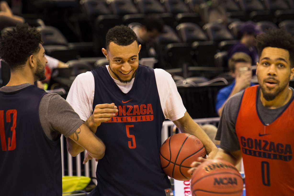 Gonzaga guard Nigel Williams-Goss laughs with teammates during a shootaround at Vivint Arena on Wednesday, March 15, 2017. (Photo: Carter Williams, KSL.com)
