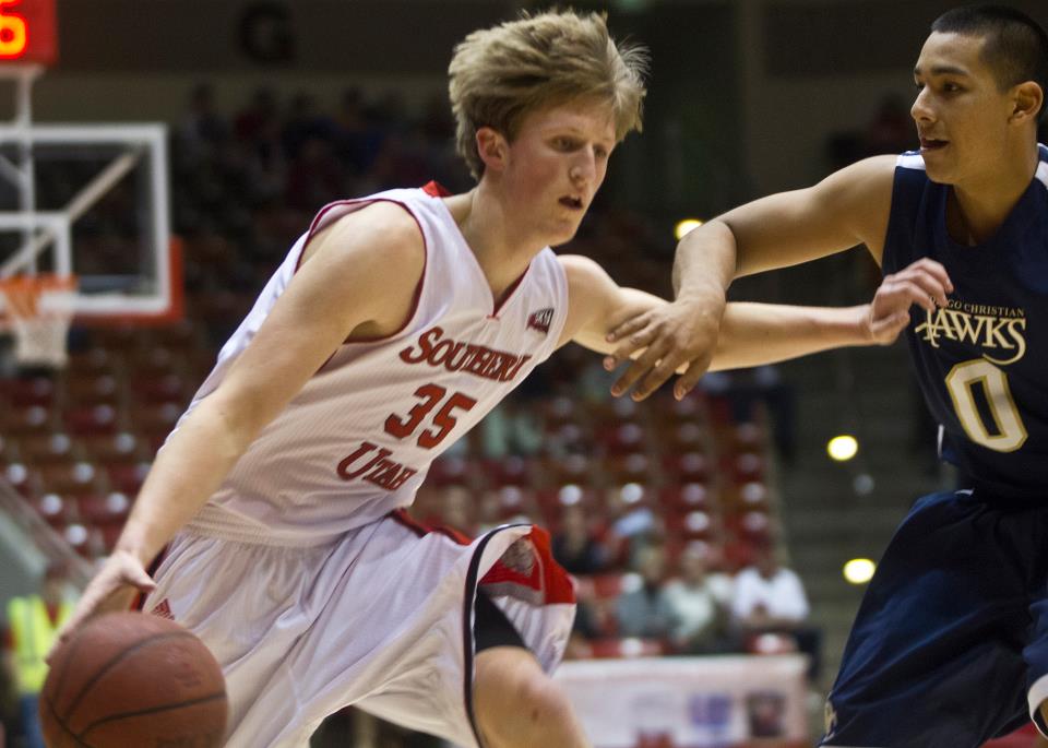 A.J. Hess dribbles the ball against a San Diego Christian player in a game on Dec. 1, 2012. Hess scored 840 career points for the Thunderbirds before transferring to South Dakota State (Photo: Carter Williams, File)