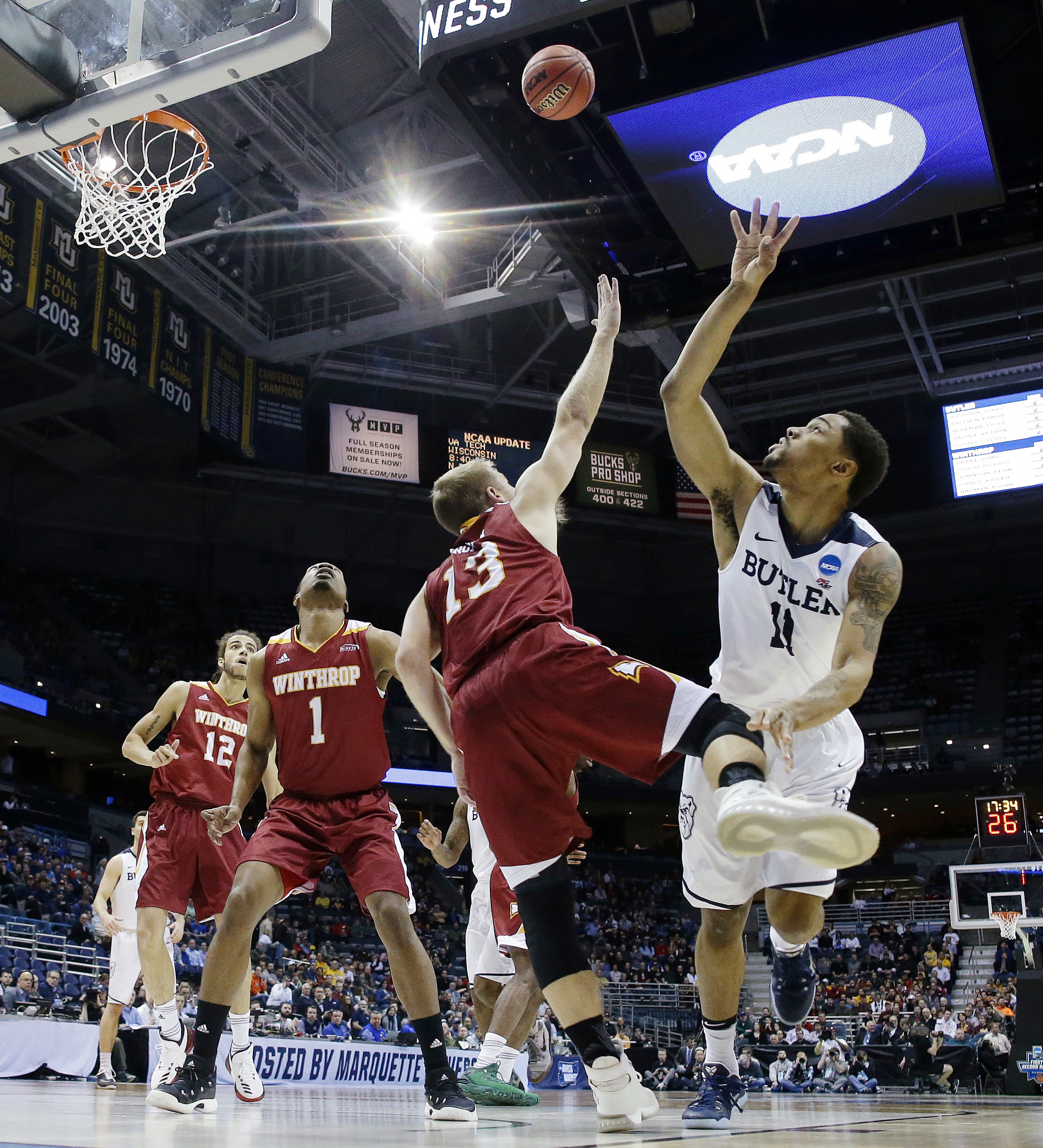 Butler does it, topping Winthrop 76-64 behind Avery Woodson