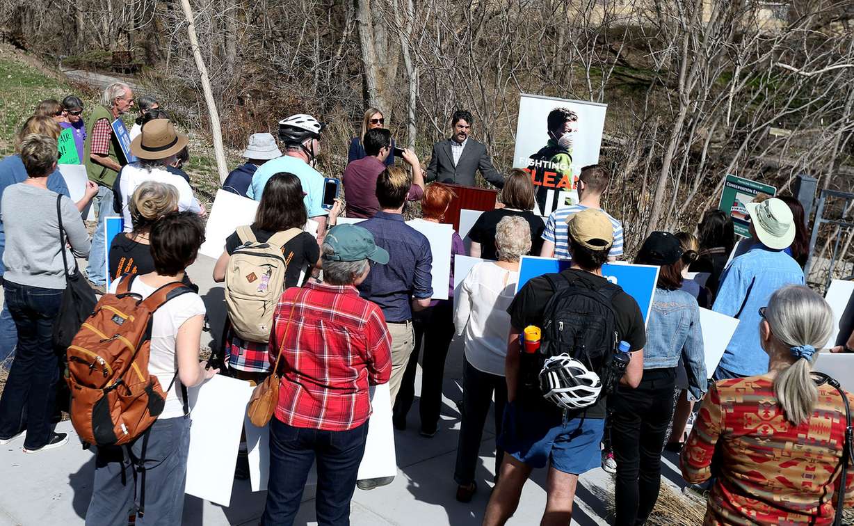 The environmental nonprofit HEAL Utah and supporters for clean air gather outside the corporate headquarters of Traeger Grills to urge Gov. Gary Herbert to veto HB65 on Thursday, March 16, 2017. Photo: Laura Seitz, Deseret News