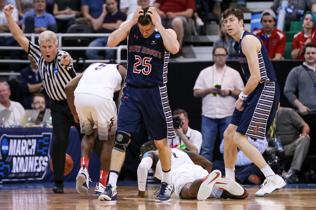 St. Mary's Gaels guard Joe Rahon (25) reacts after losing possession of the ball during the game against the Arizona Wildcats at Vivint Smart Home Arena in Salt Lake City on Saturday, March 18, 2017. (Photo: Spenser Heaps, Deseret News)