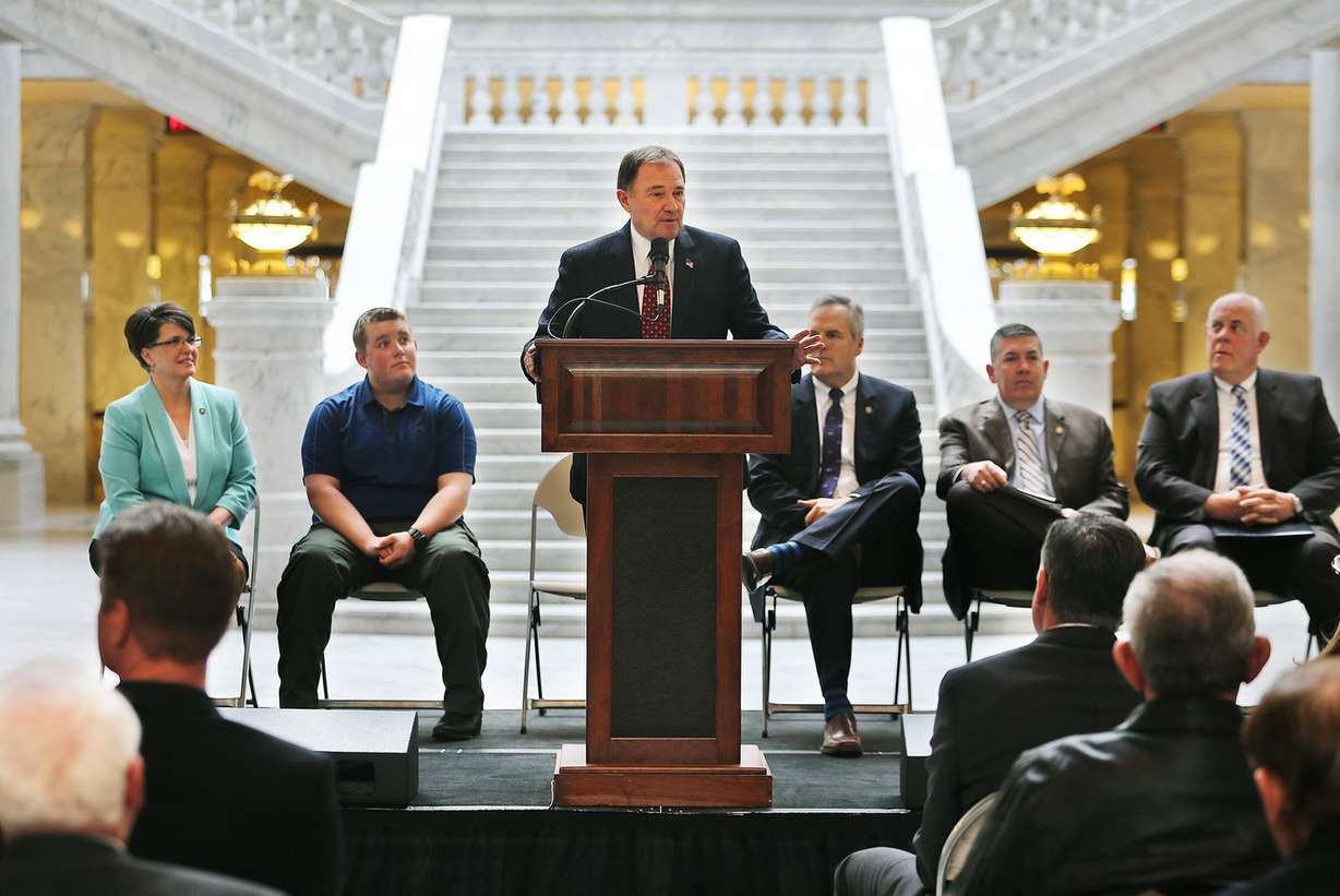 Gov. Gary Herbert announces the new Talent Ready Utah executive board and launches the grant application process during an event at the Capitol in Salt Lake City on Tuesday, March 21, 2017. More than $2.1 million will be awarded to develop and enhance programs to meet industry needs, build career pathway programs and provide work-based learning opportunities. (Photo: Scott G Winterton, Deseret News)