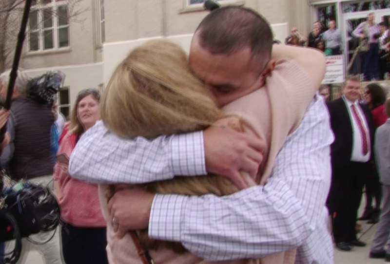 Tapp hugs supporters outside the Bonneville County courthouse Wednesday. (Natalia Hepworth, EastIdahoNews.com)
