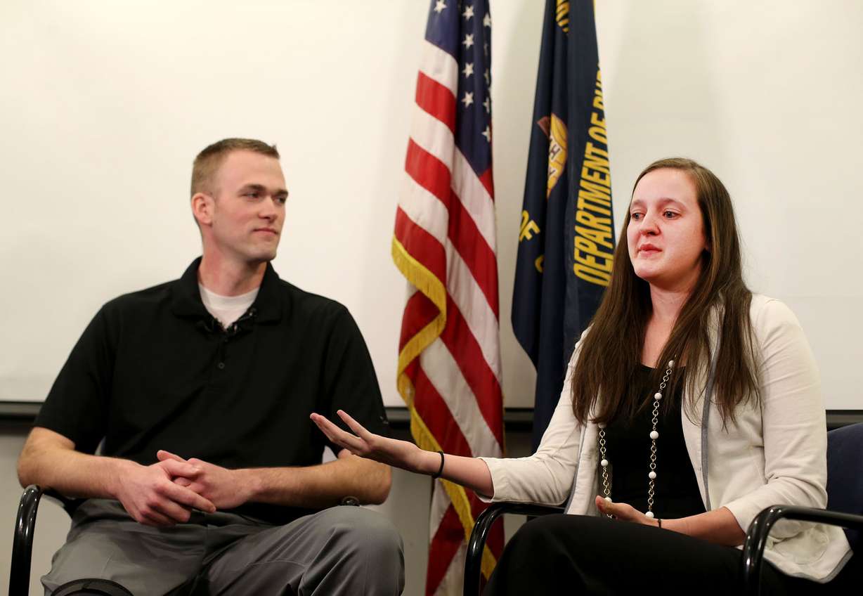 Utah Highway Patrol trooper Devyn Gurney, who was injured after being stuck by a vehicle while conducting a traffic stop on I-15 in Utah County earlier this month, and his wife, Summer, discuss the incident during a press conference at the Highway Patrol office in Murray on Thursday, March 23, 2017. (Photo: Laura Seitz, Deseret N