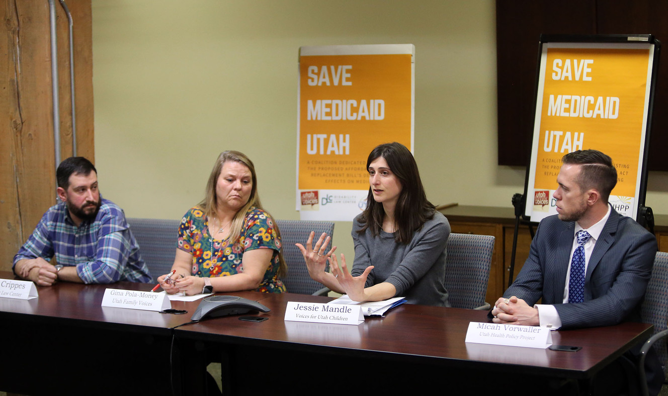 Nate Crippes, Gina Pola-Money, Jessie Mandle and Micah Vorwaller speak during a news conference presented by a coalition of patient advocates at the Disability Law Center. Photo: Kristin Murphy, Deseret News