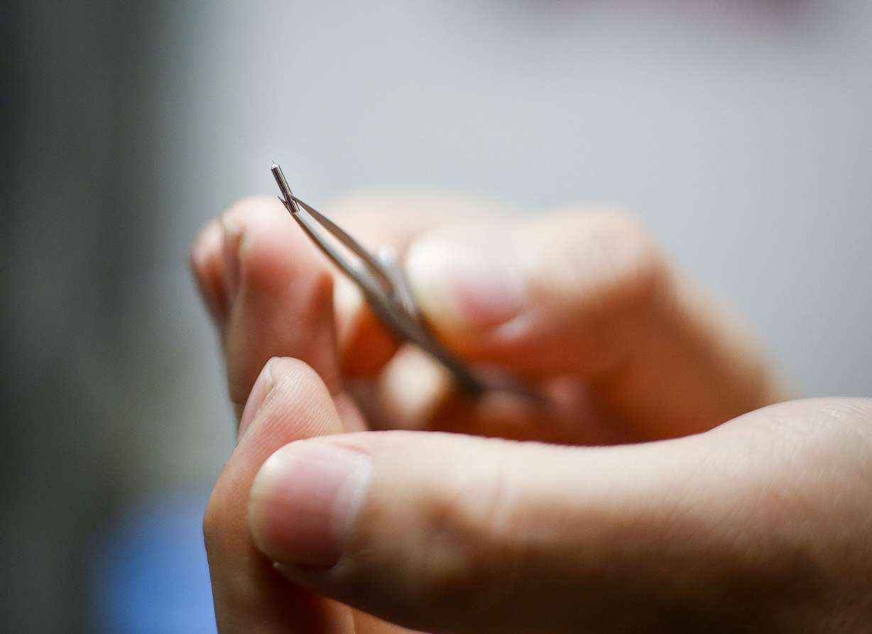 University of Utah electrical and computer engineering doctoral student Ganghun Kim shows off a micro-thin surgical glass needle used to create images of interior brain cells at the Sorenson Molecular Biotechnology Building on the U. campus in Salt Lake City on Tuesday, March 21, 2017. (Photo: Nicole Boliaux, Deseret News)