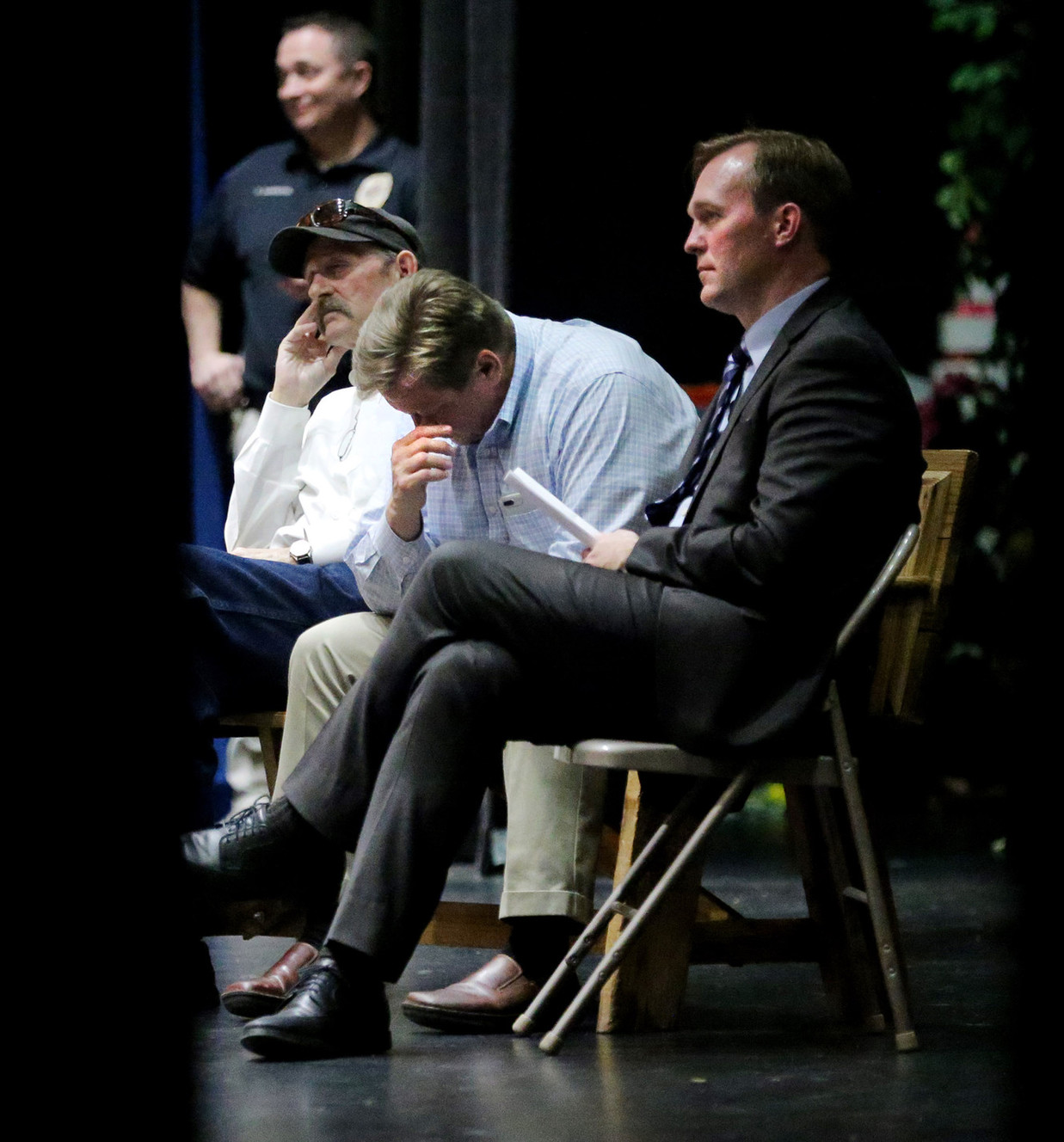 Draper Mayor Troy Walker and Salt Lake County Mayor Ben McAdams attend a meeting at Draper Park Middle School of angry Draper residents voice their opinions at on Wednesday, March 29, 2017. (Photo: Scott G Winterton, Deseret News)