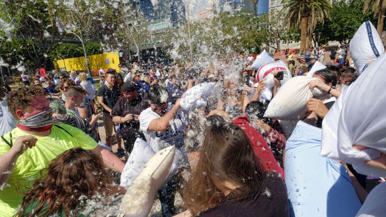 Feathers fly as pillow war overtakes downtown Los Angeles