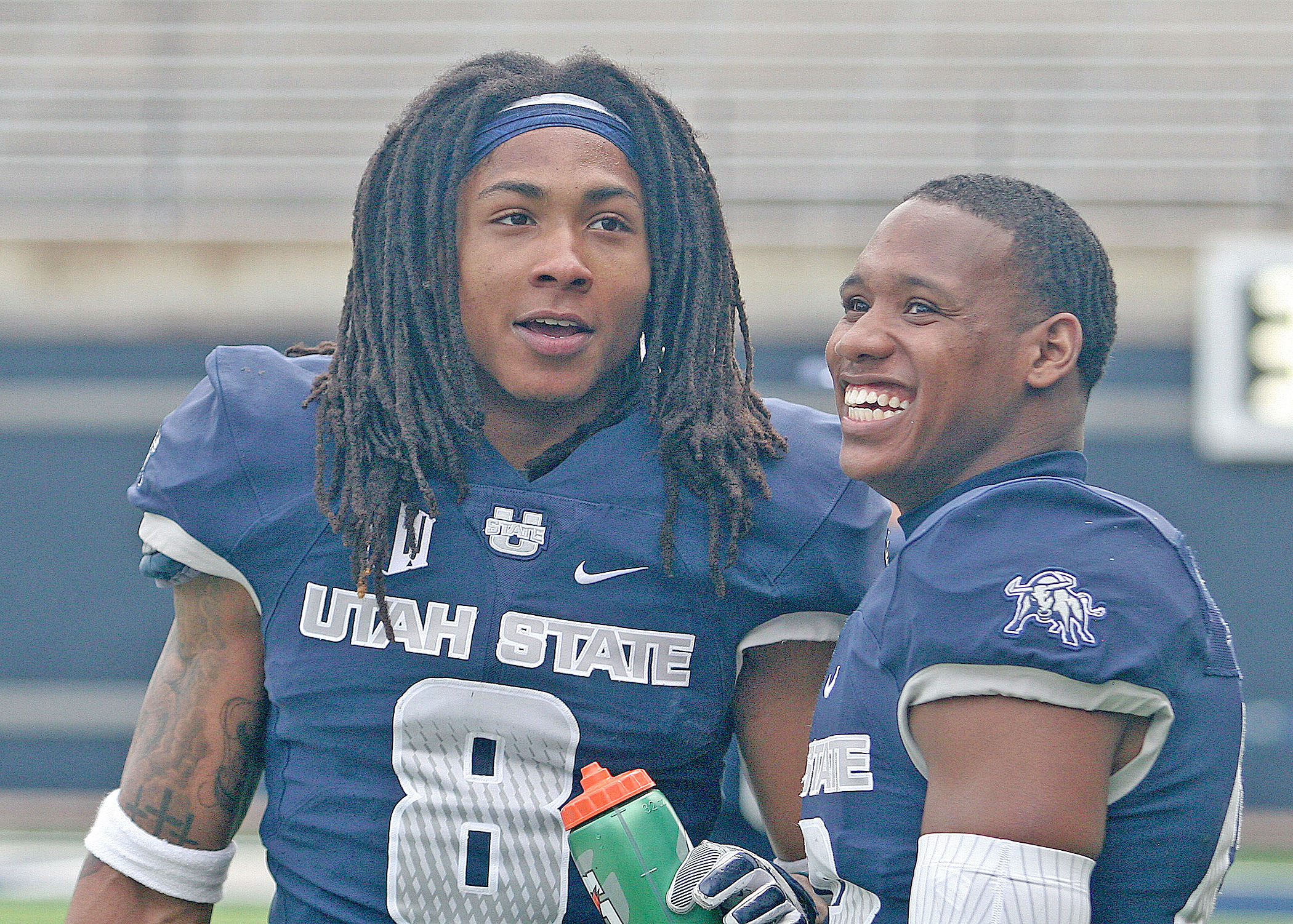 Utah State cornerbacks Wesley Bailey, left, and Jalen Davis chat on the sideline following Bailey's interception during Blue vs. White Spring Game at Maverik Stadium in Logan. (Photo: Jeff Hunter, Deseret News)