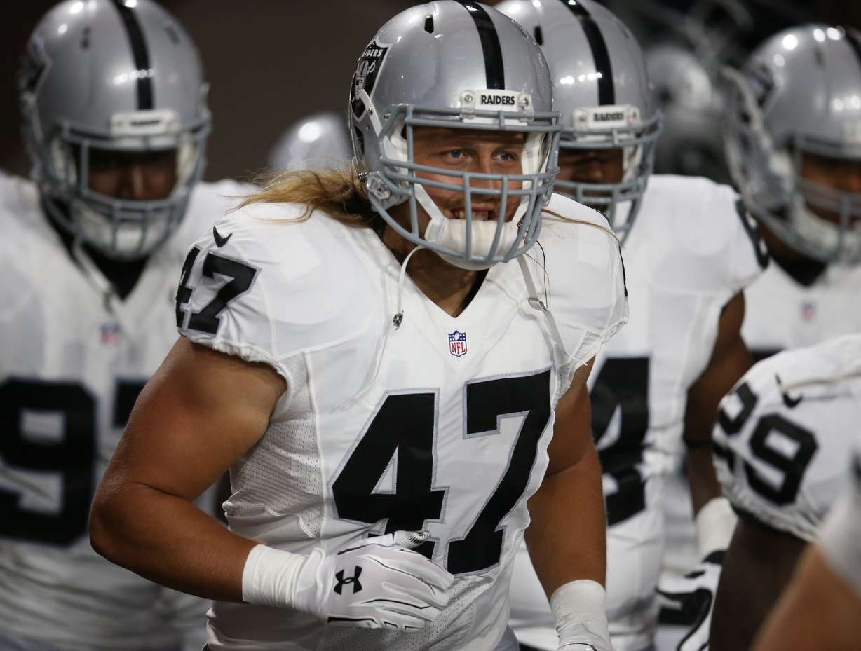 Oakland Raiders defensive end James Cowser (47), shown during an NFL preseason football game against the Arizona Cardinals, Friday, Aug. 12, 2016, is excited for his franchise's move to Las Vegas — just two hours away from his college home at Southern Utah. (AP Photo/Rick Scuteri)
