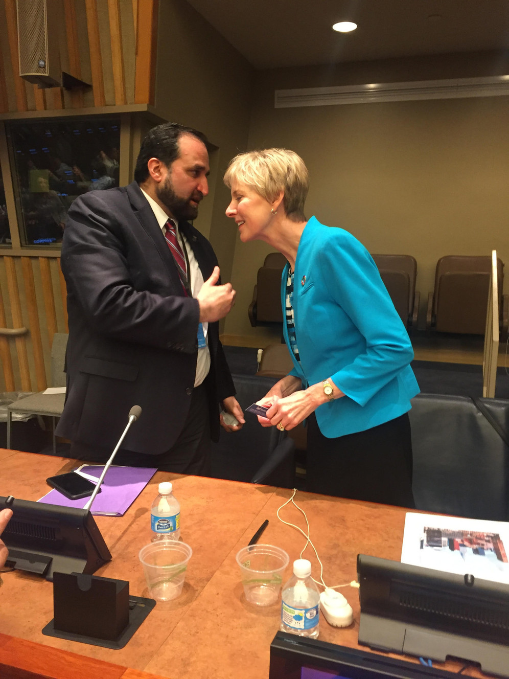 Anwar Khan, CEO of Islamic Relief USA, and Sister Jean B. Bingham, LDS Church Relief Society general president, talk after a panel discussion on refugees at the United Nations in New York on April 13, 2017. (Photo: Dennis Romboy)