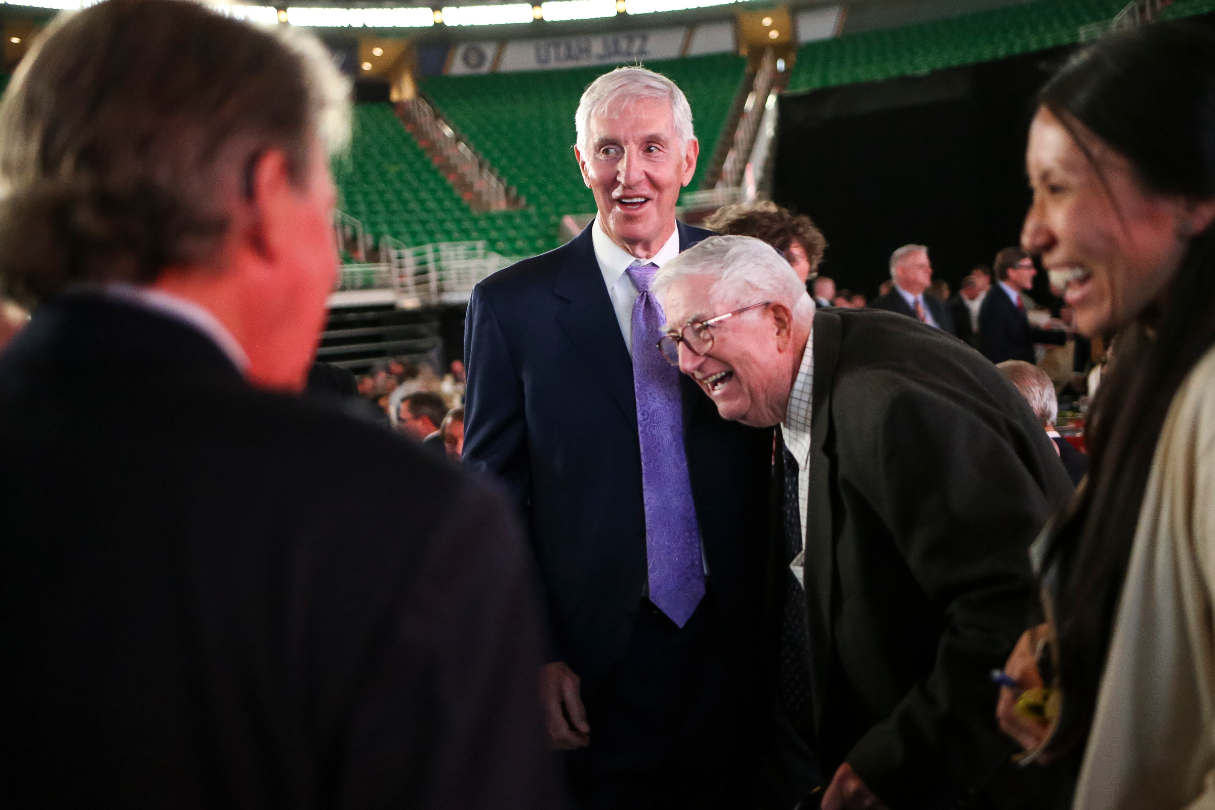 Former Jazz coaches Jerry Sloan and Frank Layden chat at the Governor's State of Sport Awards at the Vivint Smart Home Arena in Salt Lake City on Thursday, April 13, 2017.