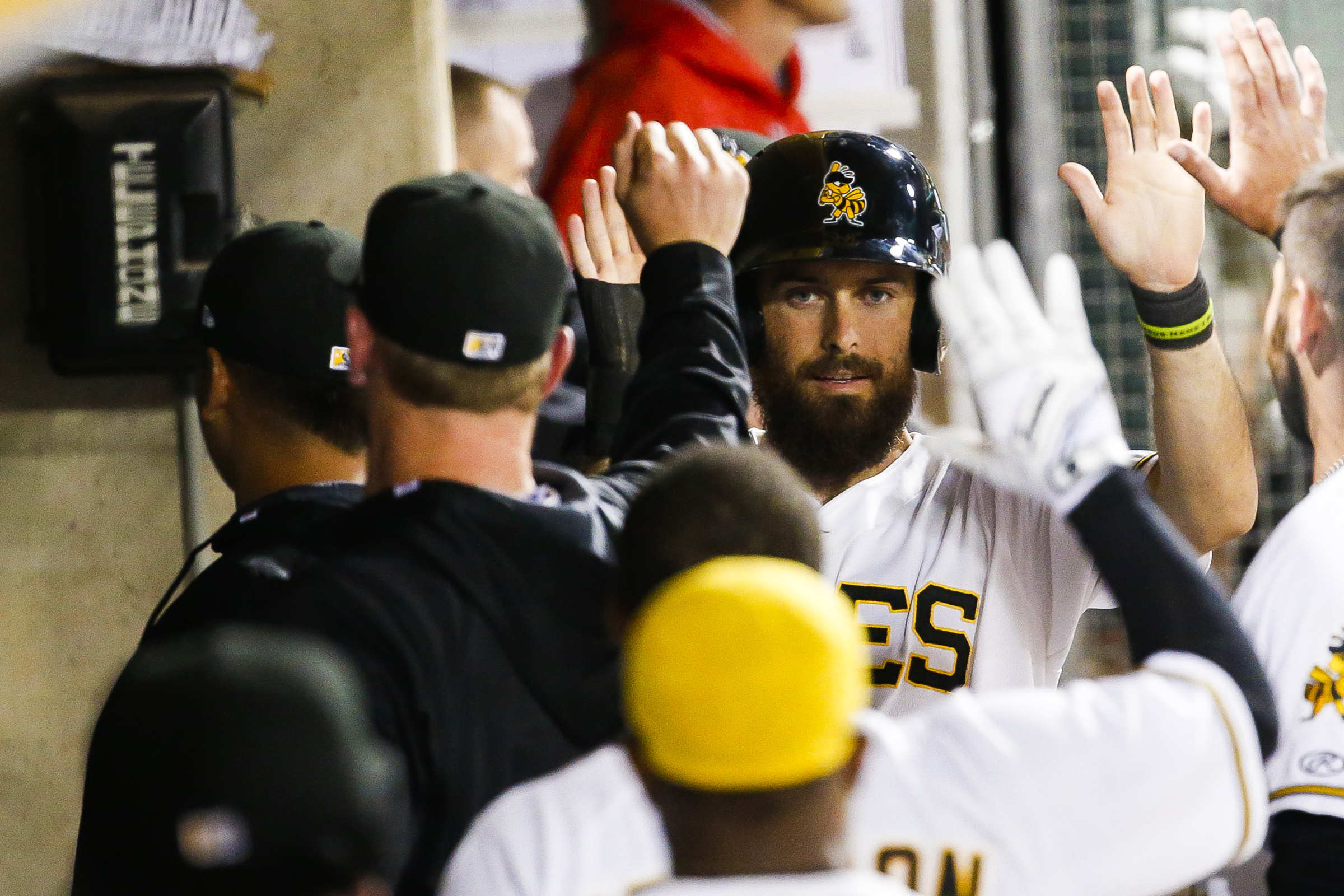 Dustin Ackley celebrates after scoring a run during a game against the Sacramento River Cats at Smith's Ballpark in Salt Lake City on Tuesday, April 11, 2017. (Photo: Alex Goodlett, Deseret News)