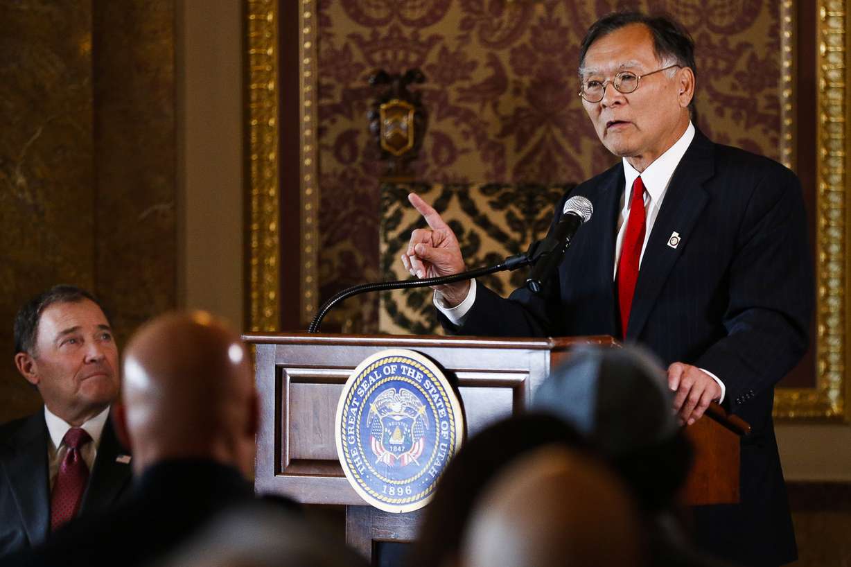 Sen. Brian Shiozawa, R-Cottonwood Heights, speaks during a ceremony to celebrate the signing of a concurrent resolution affirming Utah's support for the religious and civil liberties of immigrants and refugees. Photo: Alex Goodlett, Deseret News