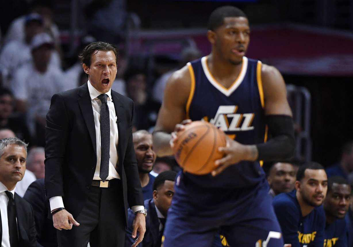 Utah Jazz coach Quin Snyder, left, yells to forward Joe Johnson during the second half in Game 1 of an NBA basketball first-round playoff series against the Los Angeles Clippers, Saturday, April 15, 2017, in Los Angeles. The Jazz won 97-95. (Mark J. Terrill, AP Photo)