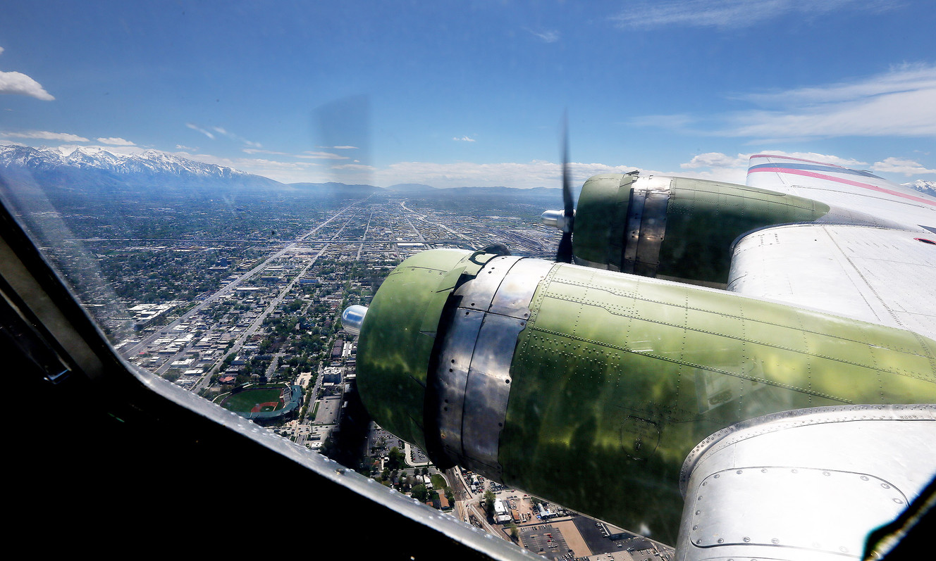 The "Madras Maiden," a restored World War II B-17 "flying fortress" bomber, flies over Salt Lake City on Monday, May 1, 2017. (Photo: Scott G Winterton, Deseret News)