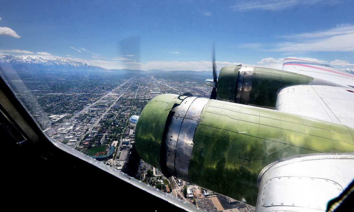 The "Madras Maiden," a restored World War II B-17 "flying fortress" bomber, flies over Salt Lake City on Monday, May 1, 2017. (Photo: Scott G Winterton, Deseret News)
