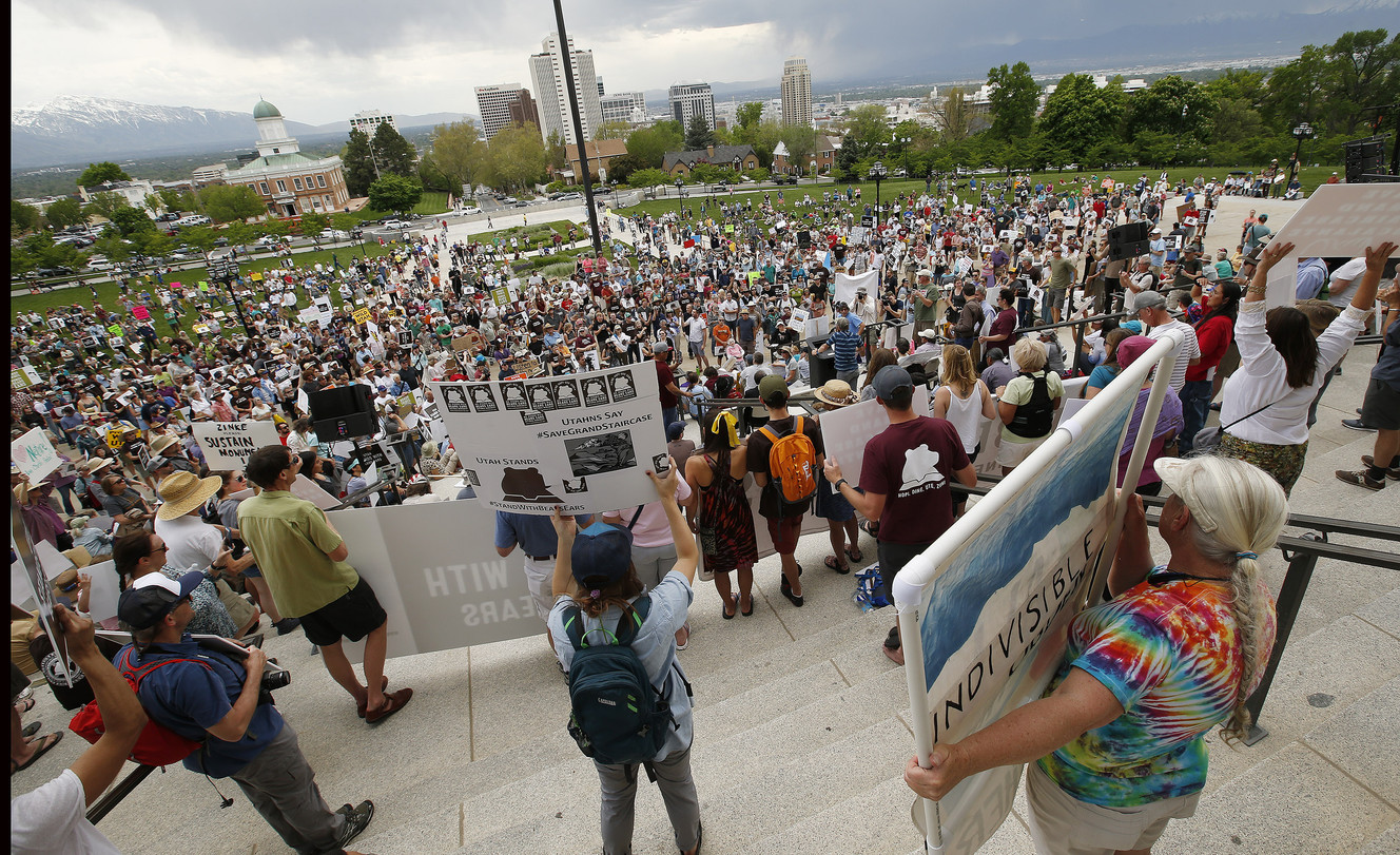 Large crowds listen to speakers during a rally in favor of the Bears Ears and Grand Staircase-Escalante remaining national monuments at the Capitol in Salt Lake City on Saturday, May 6, 2017. (Photo: Jeffrey D. Allred, Deseret News) Open Full Size