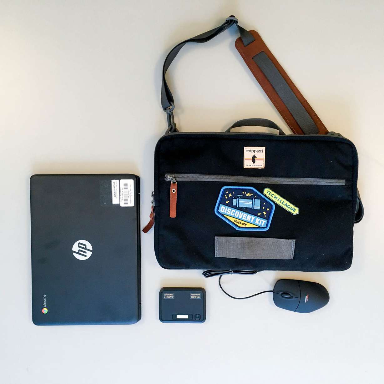 Salt Lake City Public Library's Laptop Discovery Kitc can be checked out for up to 21 days with a library card. Each kit includes a power cord, mouse and carrying case, along with a Chromebook and internet hotspot. (Photo: Andrew Shaw, Salt Lake City Public Library)