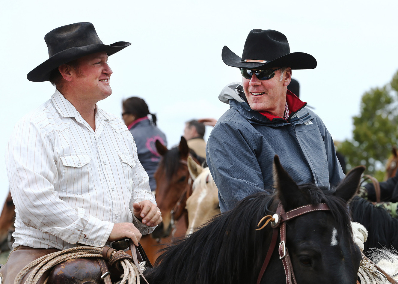 Rancher Kenny Black talks with U.S. Interior Secretary Ryan Zinke while on a horseback ride in the Bears Ears National Monument with local and state representatives on Tuesday, May 9, 2017. (Photo: Scott G Winterton, Deseret News)