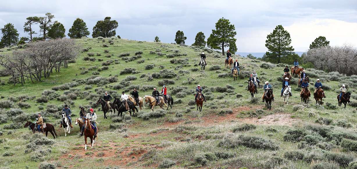 U.S. Interior Secretary Ryan Zinke enjoys a horseback ride in the Bears Ears National Monument with local and state representatives on Tuesday, May 9, 2017. (Photo: Scott G Winterton, Deseret News)