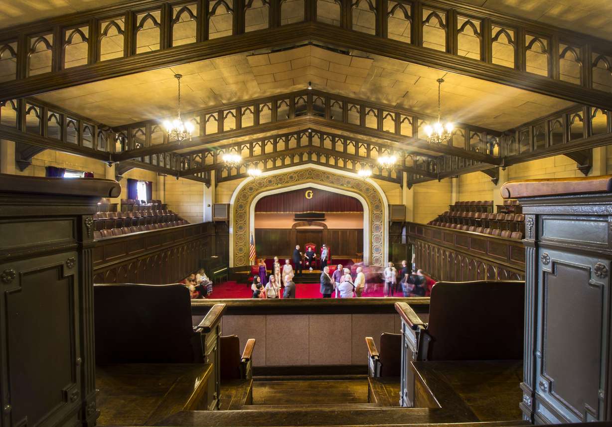 A group of people tour the Gothic Room inside the Salt Lake Masonic Temple on May 6, 2017. Architect Carl W. Scott wrote the room was "designed primarily for the York Rite bodies, and is intended to serve their purpose. Practically all of the fittings appropriate for their functions were installed as directed." (Photo: Carter Williams, KSL.com)