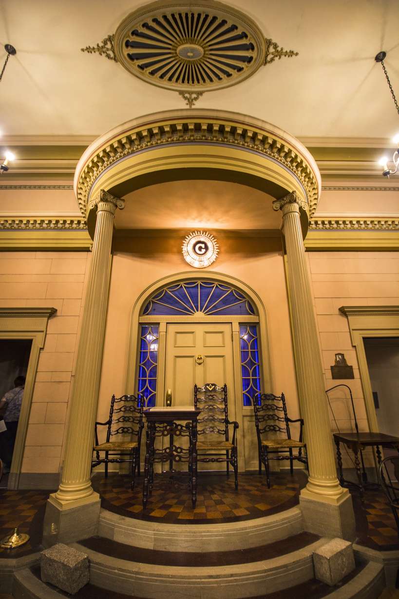 A photo of the Colonial Lodge room inside the Salt Lake Masonic Temple taken on May 6, 2017. Architect Carl W. Scott wrote that the room is "a porch or entrance to a Colonial mansion, and as the Master wears the Master's hat, it was thought that the appearance might be that of the Master sitting outside the house, rather than within it, and thus the wearing of the hat be strictly in keeping with polite usage as well as with essential Masonic practice." (Photo: Carter Williams, KSL.com)