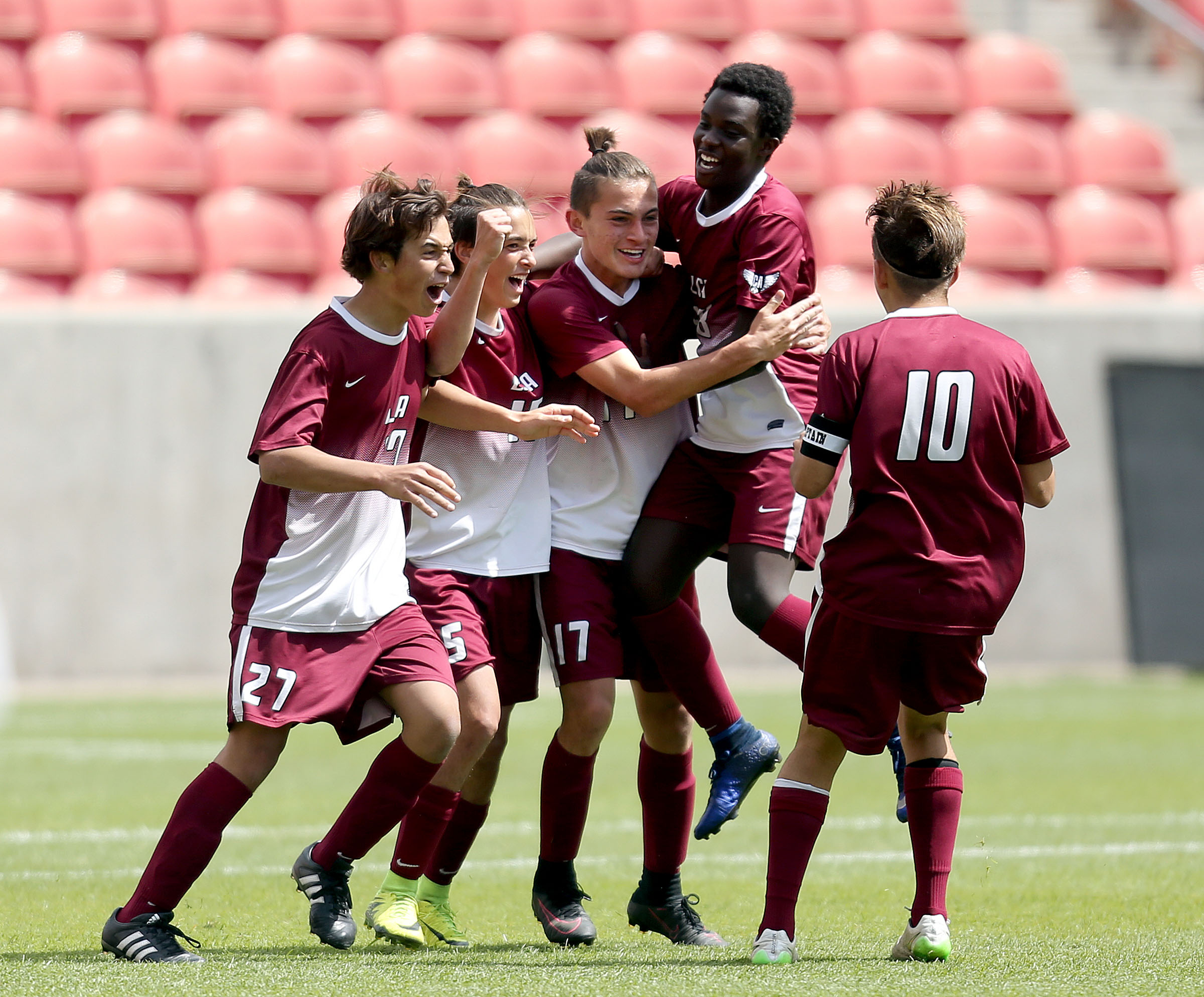 Layton Christian Academy celebrates a goal during the 2A boys soccer championship against South Summit at Rio Tinto Stadium in Sandy on Saturday, May 13, 2017. Layton Christian Academy won 1-0. (Photo: Kristin Murphy, Deseret News)