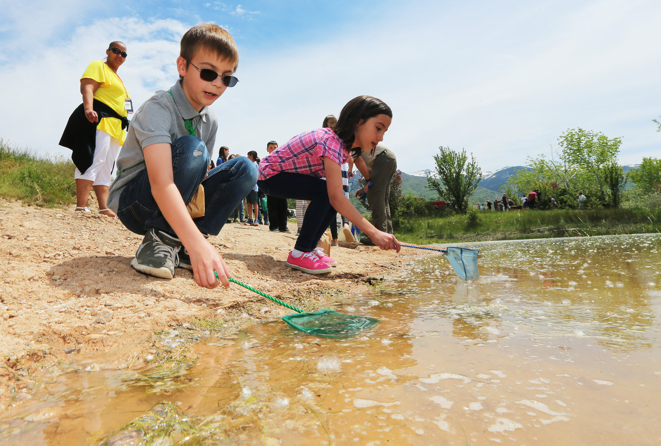 Gabe Kidner and Lilly Petersen and other students from Highmark Charter School in South Weber release small trout at Adams Reservoir in Layton that they raised, Monday, May 15, 2017. (Photo: Scott G Winterton, Deseret News)