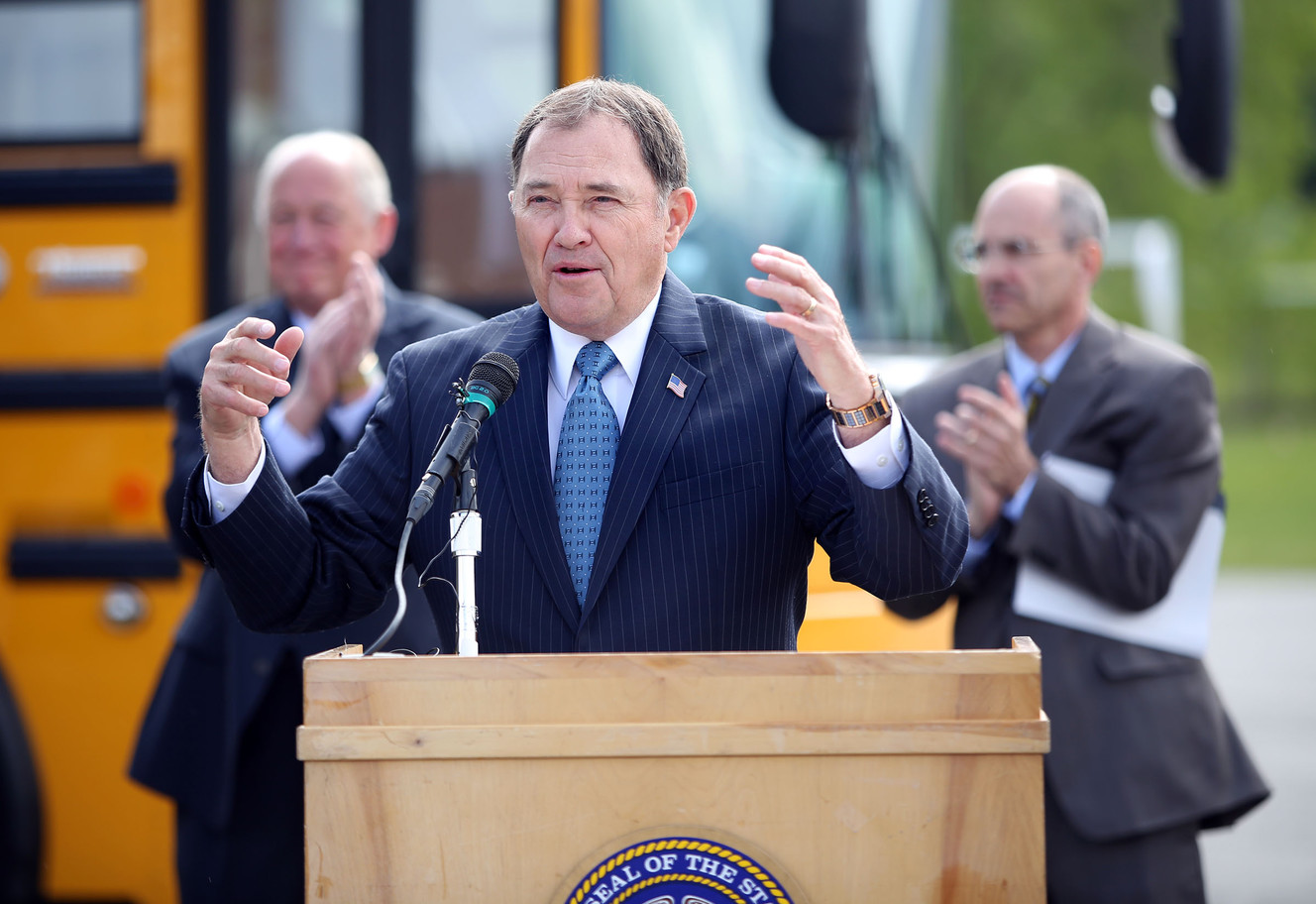 Gov. Gary Herbert discusses and signs nine pieces of legislation related to air quality improvement efforts at Ensign Elementary School in Salt Lake City on Tuesday, May 16, 2017. (Photo: Kristin Murphy, Deseret News)