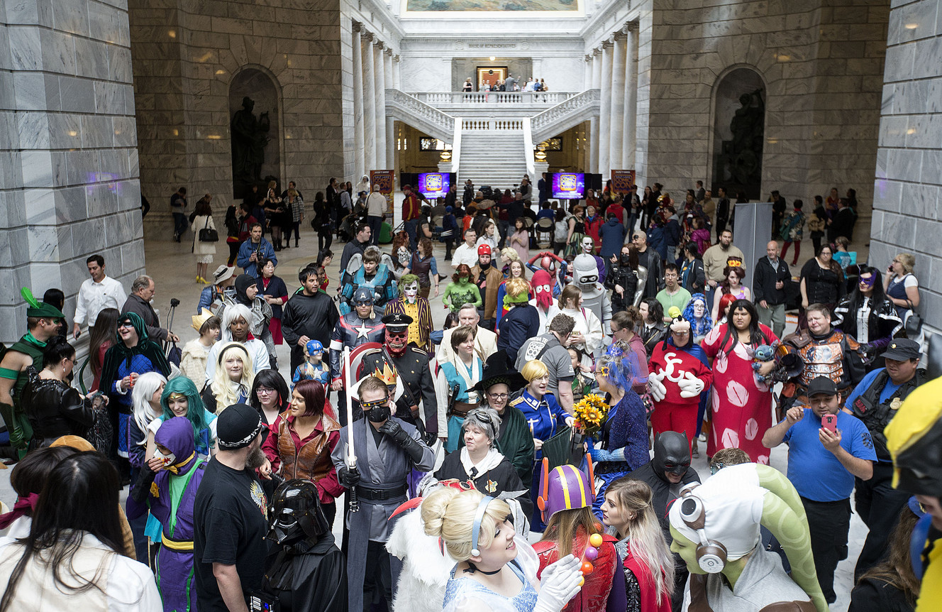 Cosplayers gather for a group photo before the start of a press conference at the Capitol in Salt Lake City on Wednesday, May 17, 2017, where the celebrity guest lineup for this fall's Salt Lake Comic Con was announced. (Photo: Laura Seitz, Deseret News)
