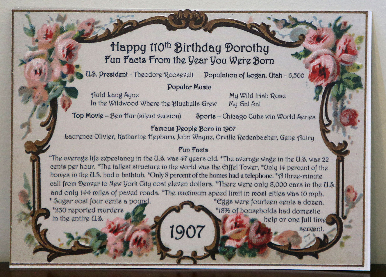 A card printed for Dorothy Marlowe's 110th birthday is seen at Maple Springs Senior Living in Logan on Tuesday, May 23, 2017. (Photo: Kristin Murphy, Deseret News)