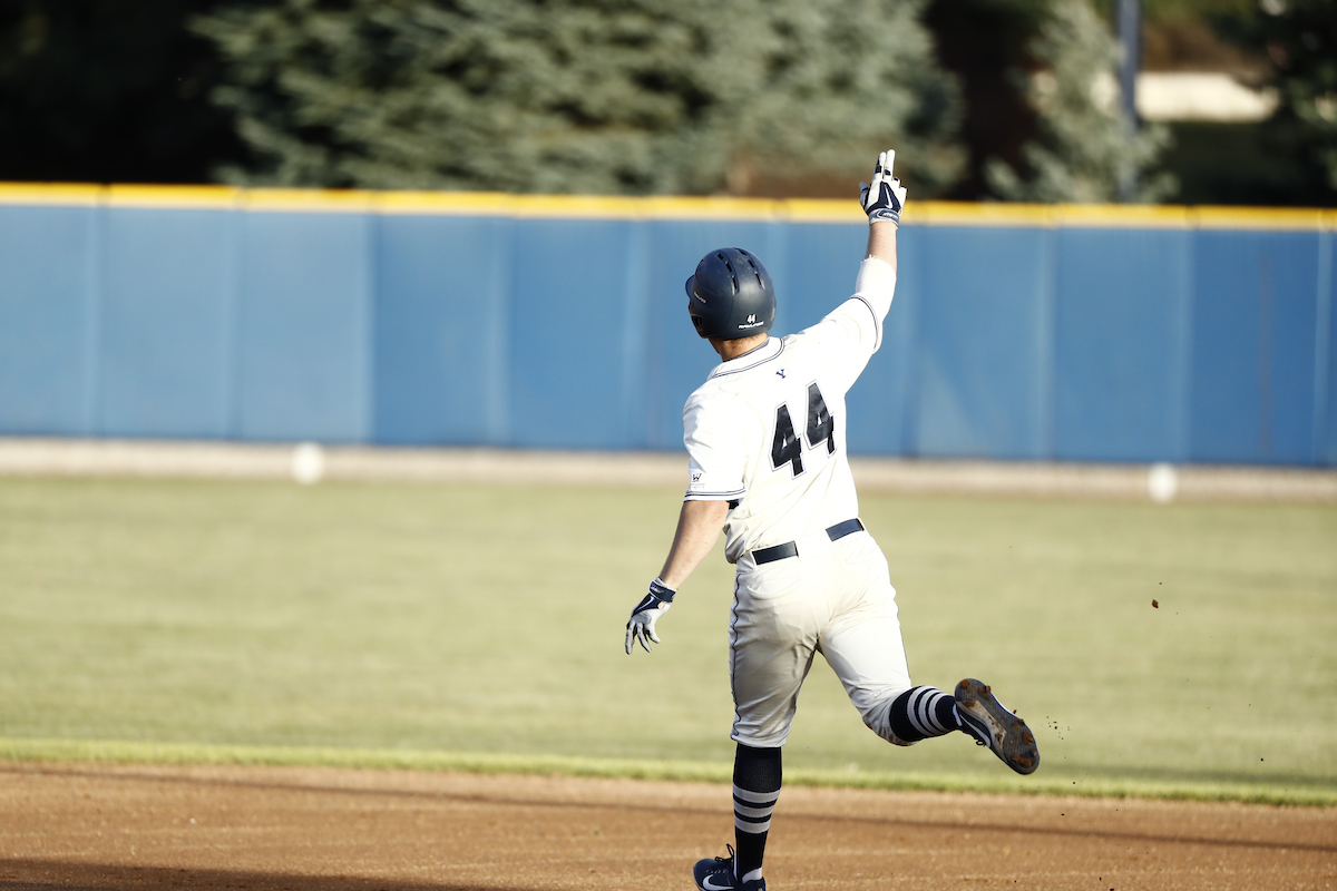 Brock Hale rounds first base after a solo home run against UC Santa Barbara. (Photo: Nate Edwards, BYU Photo)