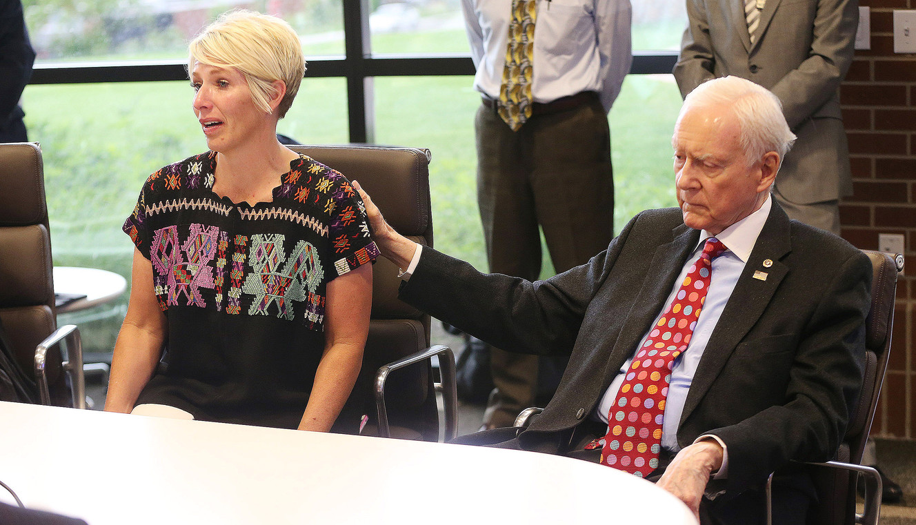 Heidi Swapp cries while telling Sen. Orrin Hatch, R-Utah, about her son who committed suicide at the University Neuropsychiatric Institute in Salt Lake City on Thursday, June 1, 2017. Hatch was there to learn about research on adolescent mental health. (Photo: Jeffrey D. Allred, Deseret News)