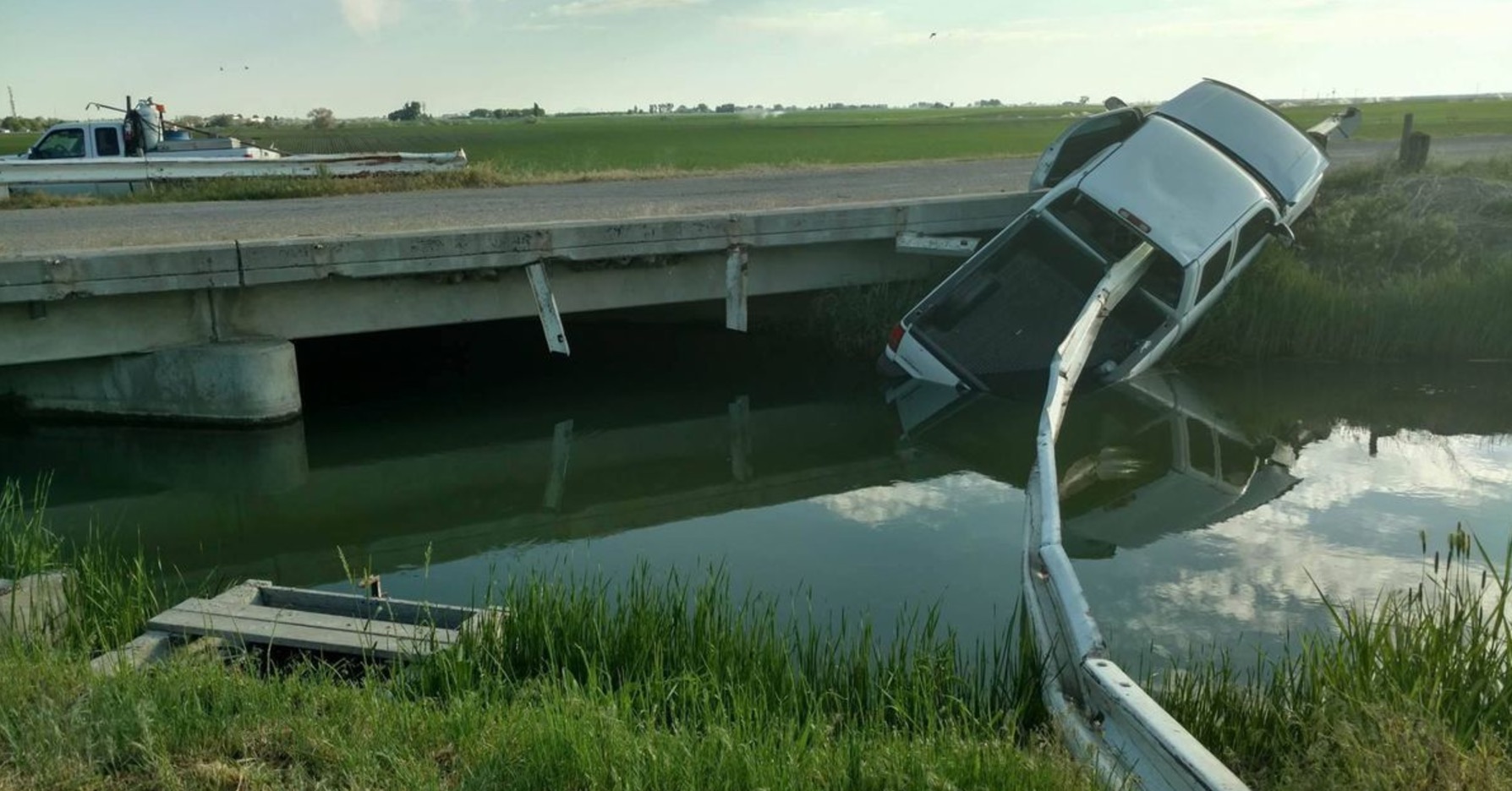 A stolen pickup truck was found impaled by a bridge guard rail near Aberdeen on Sunday morning. (Photo: Aberdeen Springfield Canal company via Idaho State Journal)