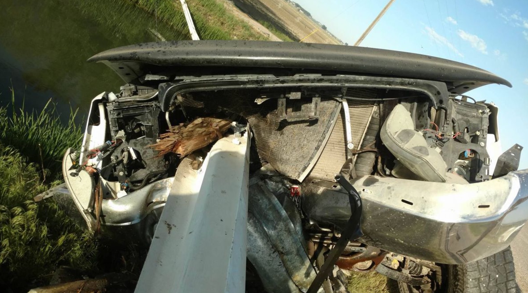 A stolen pickup truck was found impaled by a bridge guard rail near Aberdeen on Sunday morning. (Photo: Aberdeen Springfield Canal company via Idaho State Journal)