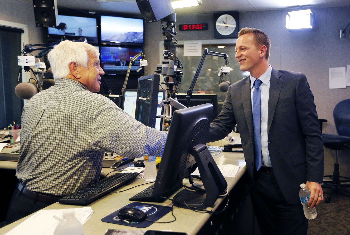 KSL Newsradio's Doug Wright shakes hands with Tanner Ainge, a Republican congressional candidate in the 3rd District, following an interview with in Salt Lake City on Tuesday, June 20, 2017. (Photo: Ravell Call, Deseret News)