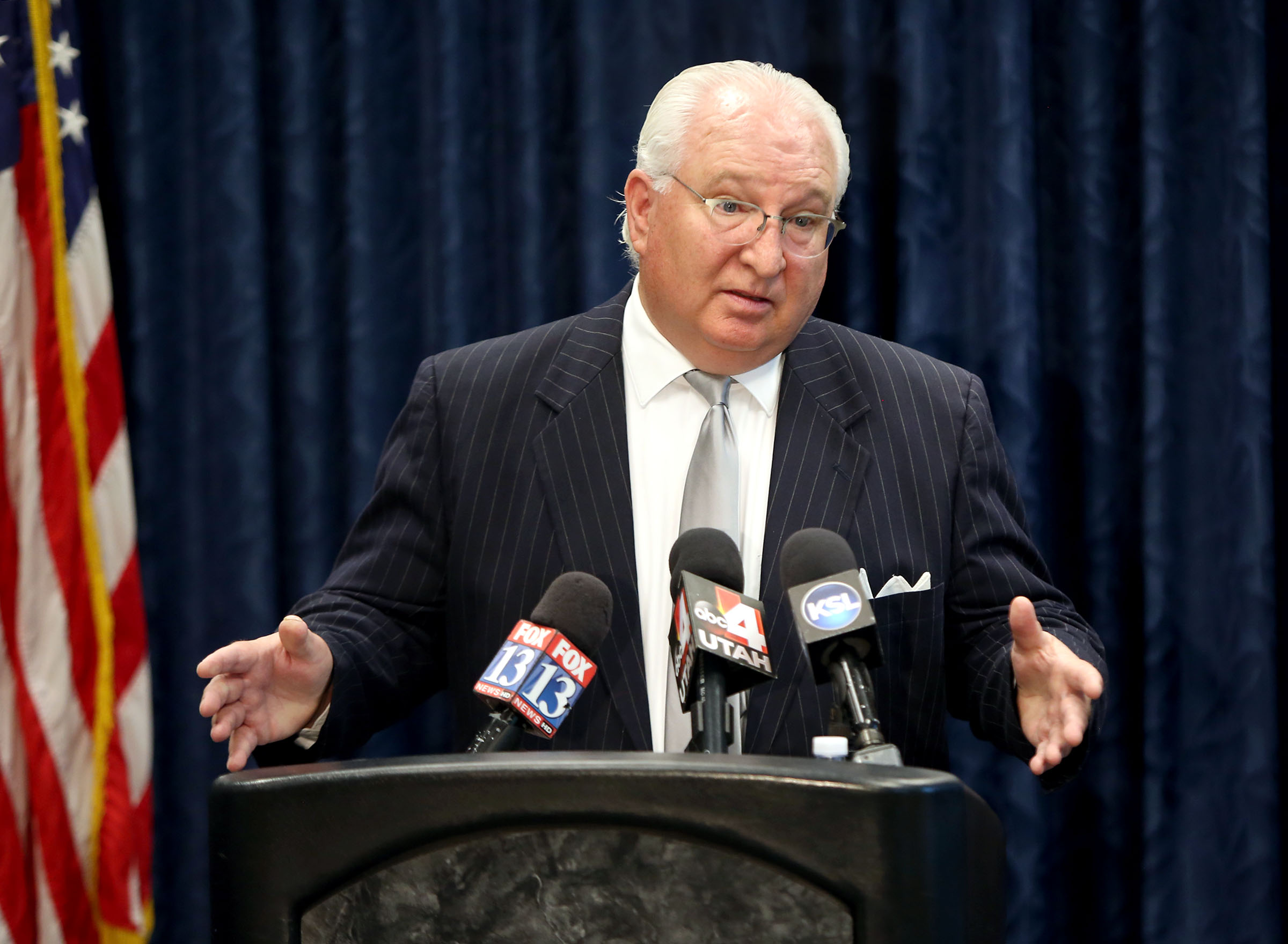Ned Searle, director of the Utah Office on Domestic and Sexual Violence, speaks at a press conference at the Sandy Police Department on Tuesday, June 20, 2017, regarding the shooting of Memorez Rackley, her two sons and a good Samaritan’s daughter. (Photo: Kristin Murphy, Deseret News)