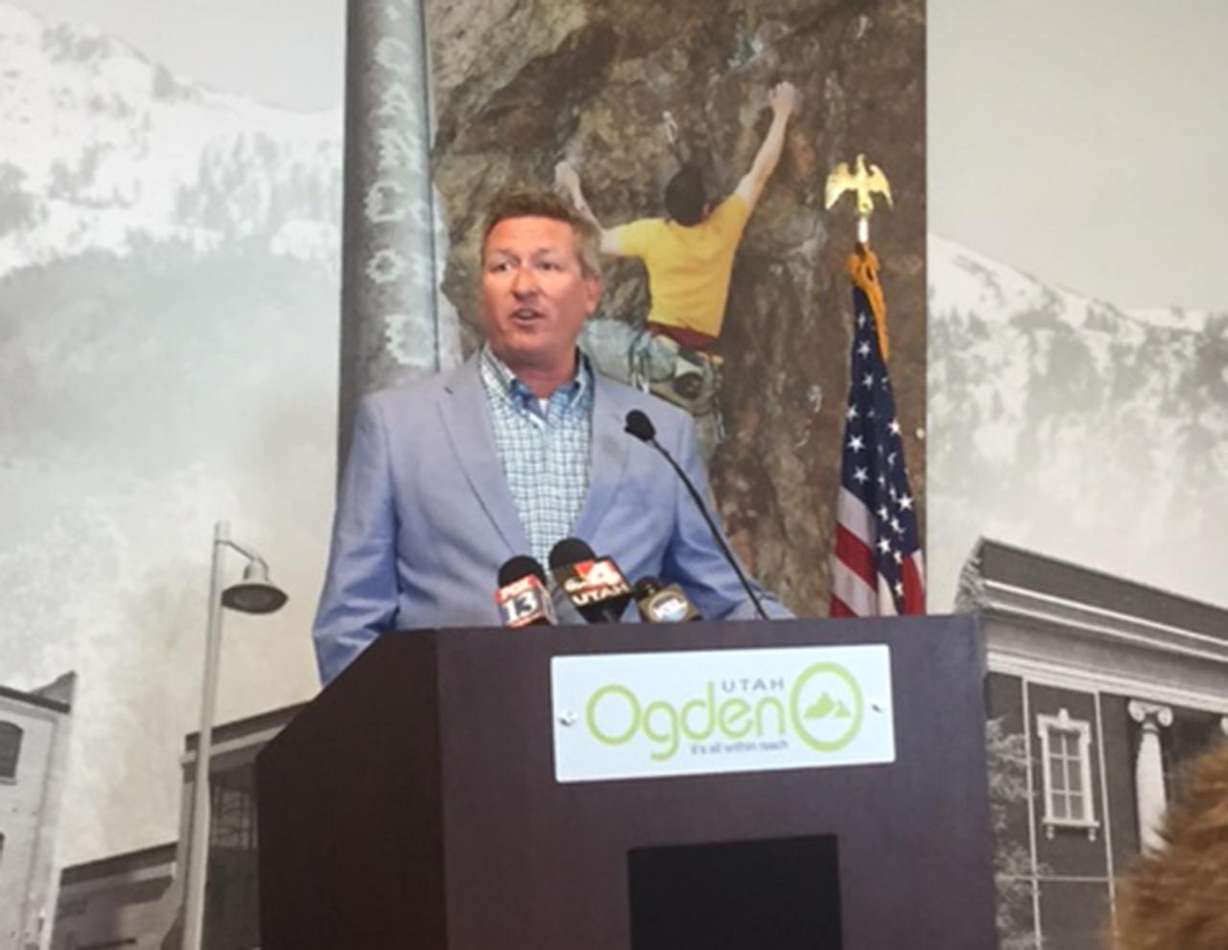Ogden Mayor Mike Caldwell speaks to reporters about the new Allegiant airline option to fly from Ogden to Las Angeles and Las Vegas. (Photo: Alison Berg, Deseret News)