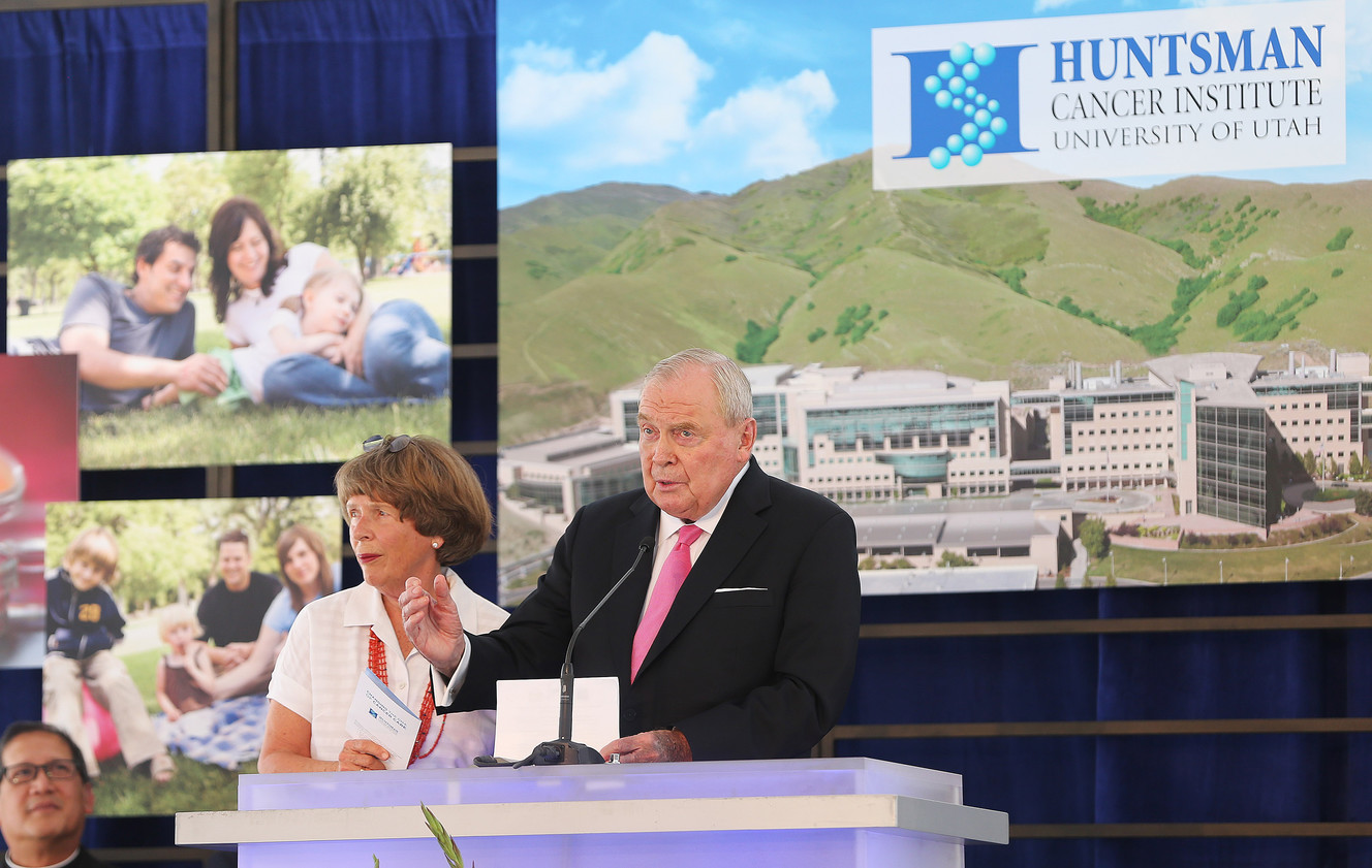 Jon Huntsman Sr. and his wife, Karen, speak during the grand opening of the Primary Children’s and Families’ Cancer Research Center at Huntsman Cancer Institute in Salt Lake City on Wednesday, June 21, 2017. The new facility is dedicated to the study of genetically traced cancers known to afflict children. (Photo: Jeffrey D. Allred, Deseret News)