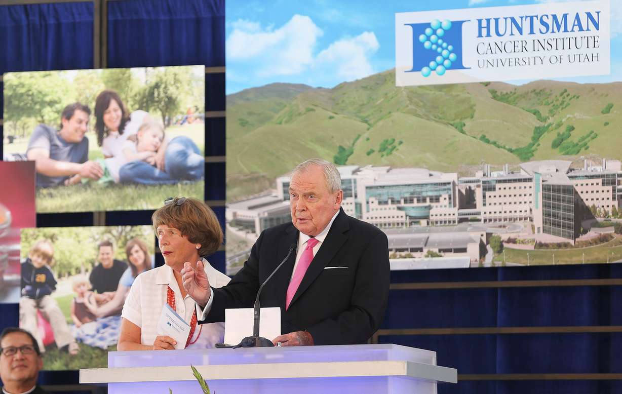 Jon Huntsman Sr. and his wife, Karen, speak during the grand opening of the Primary Children’s and Families’ Cancer Research Center at Huntsman Cancer Institute in Salt Lake City on Wednesday, June 21, 2017. The new facility is dedicated to the study of genetically traced cancers known to afflict children. (Photo: Jeffrey D. Allred, Deseret News)