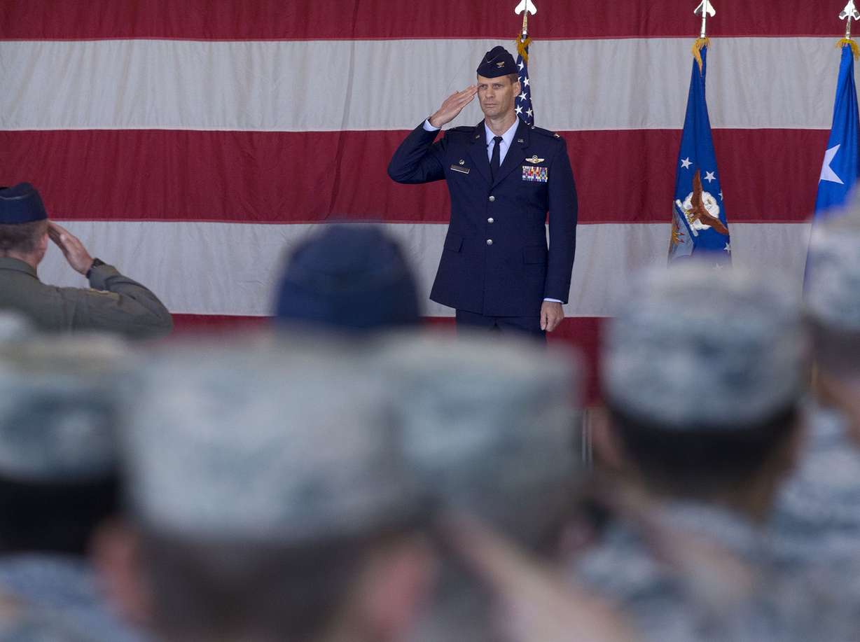 Members of the 388th Fighter Wing render the first salute to Col. Lee E. Kloos during a change of command ceremony at Hill Air Force Base on Friday, June 23, 2017. As the 388th Fighter Wing commander, Kloos will be responsible for the readiness, training, morale and welfare of 1,800 personnel who maintain and operate 70 primary assigned F-16CM and F-35A aircraft across six squadrons, as well as the Utah Test and Training Range. (Photo: Laura Seitz, Deseret News)