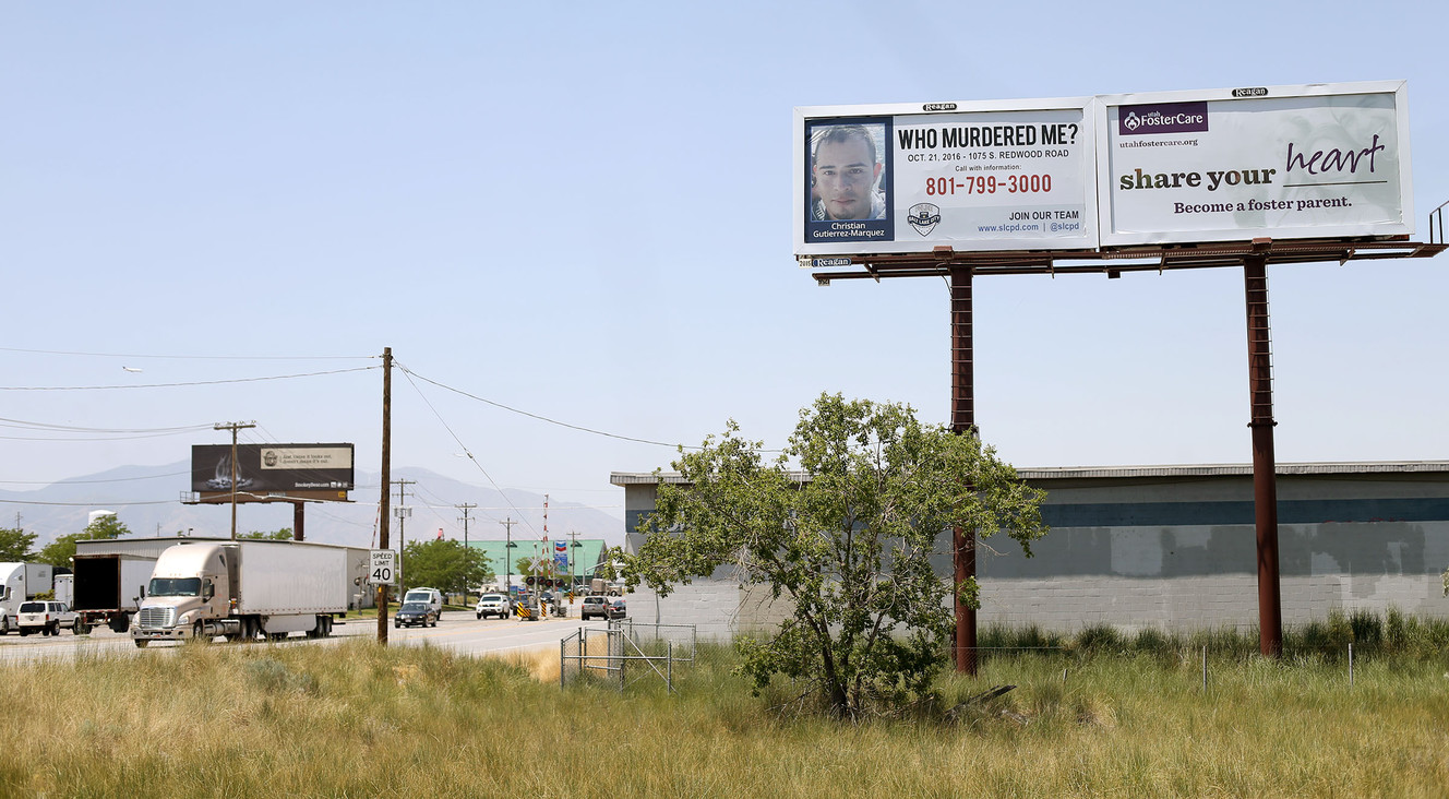A billboard ad from the Salt Lake City Police Department is pictured on Wednesday, June 21, 2017. It requests public tips about the unsolved murder case of Christian Gutierrez-Marquez. (Photo: Laura Seitz, Deseret News)