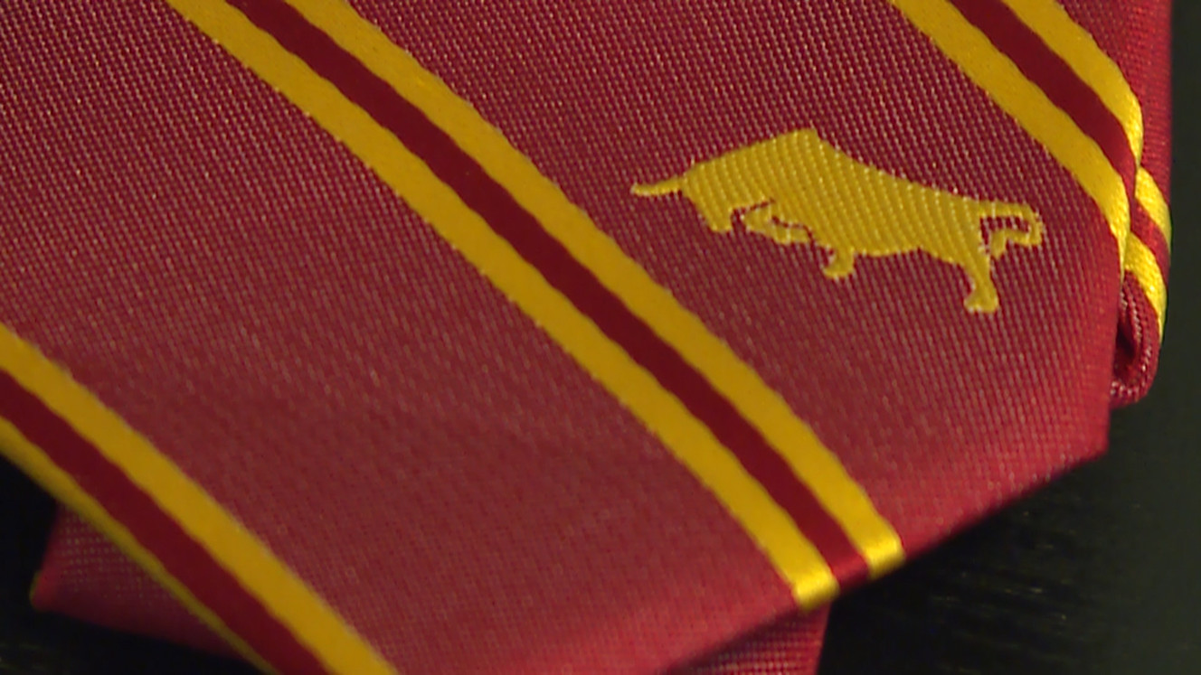 Noel Lopez's "Spain" tie uses the colors of the country's flag, and has a small icon of a bull at the bottom. (Photo: Ray Boone, KSL TV)
