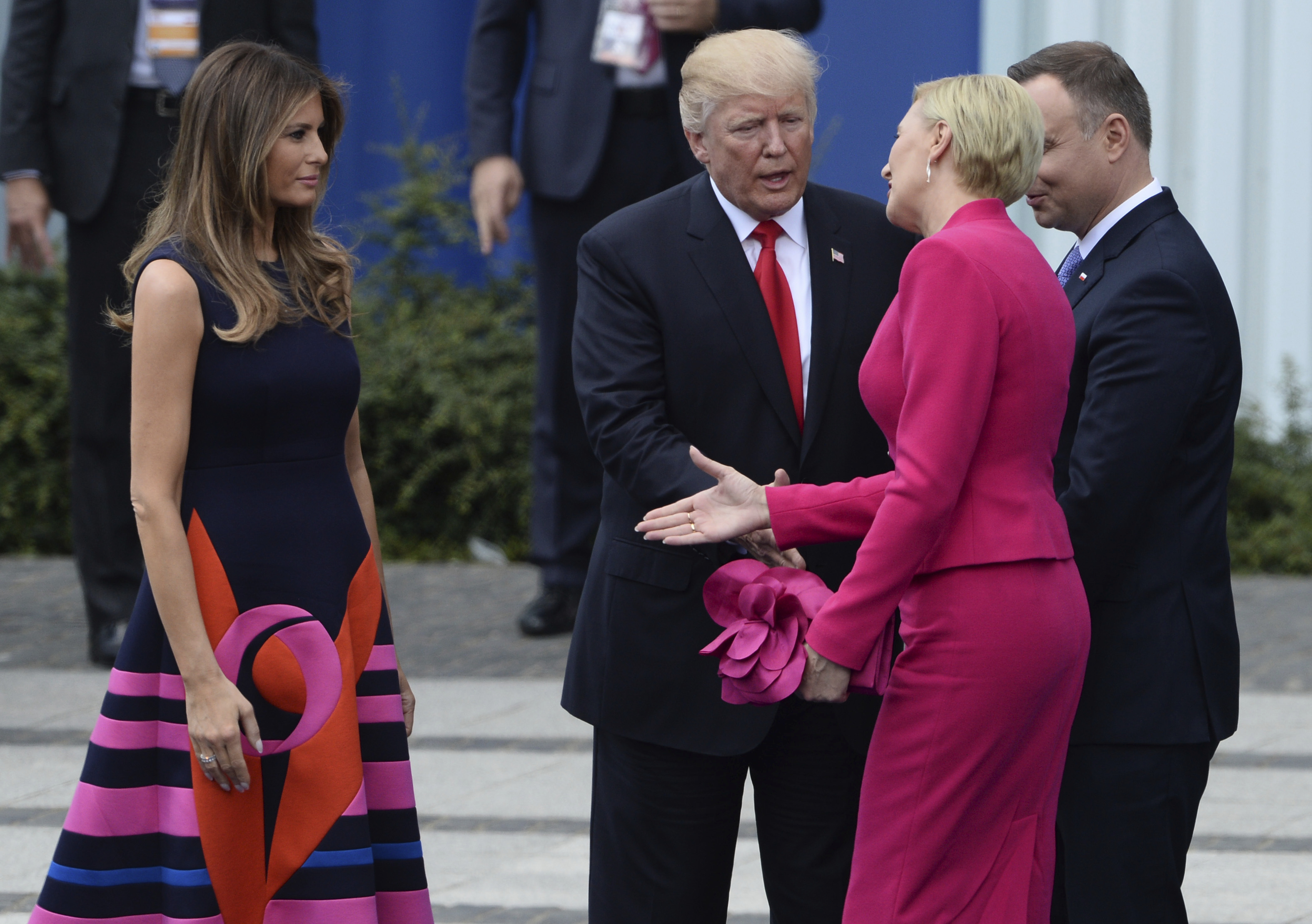 Yet another awkward handshake: Trump with Poland's 1st lady