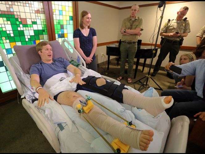 Talon Kohler, Timpanogos Emergency Response Team volunteer, talks about getting injured and rescued on Mount Timpanogos at Utah Valley Hospital in Provo on Tuesday, July 11, 2017. His wife Katrina is at his side. (Photo: Kristin Murphy, Deseret News)