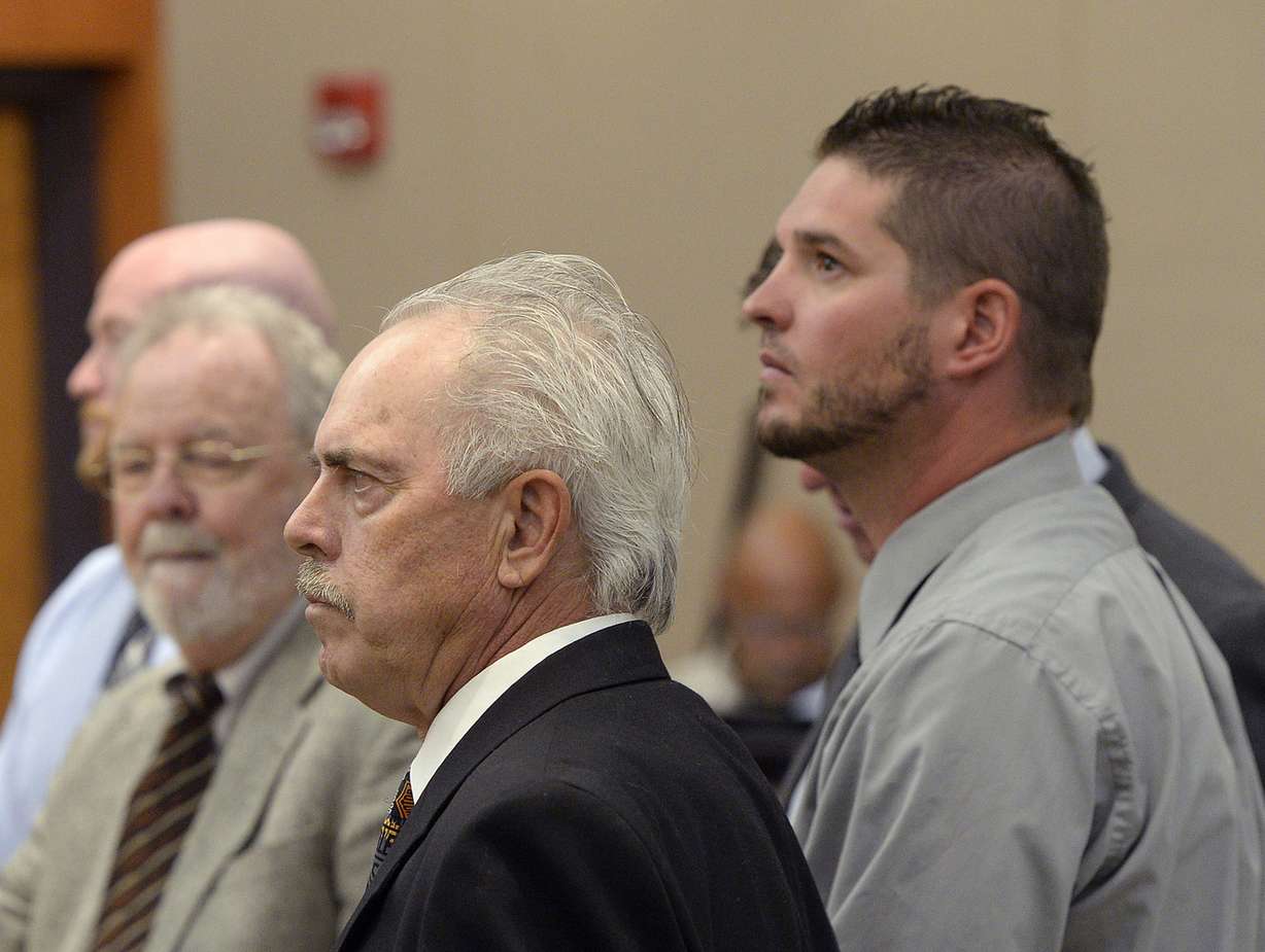 Former Daggett County deputy sheriff Joshua Cox, left, former Daggett County Sheriff Jerry Jorgensen, center, and former Daggett County Sheriff's Lt. Benjamin Lail, right, appear in 3rd District Court in Park City on Monday July 17, 2017, on charges connected to the abuse of inmates at the Daggett County Jail. (Photo: Al Hartmann)