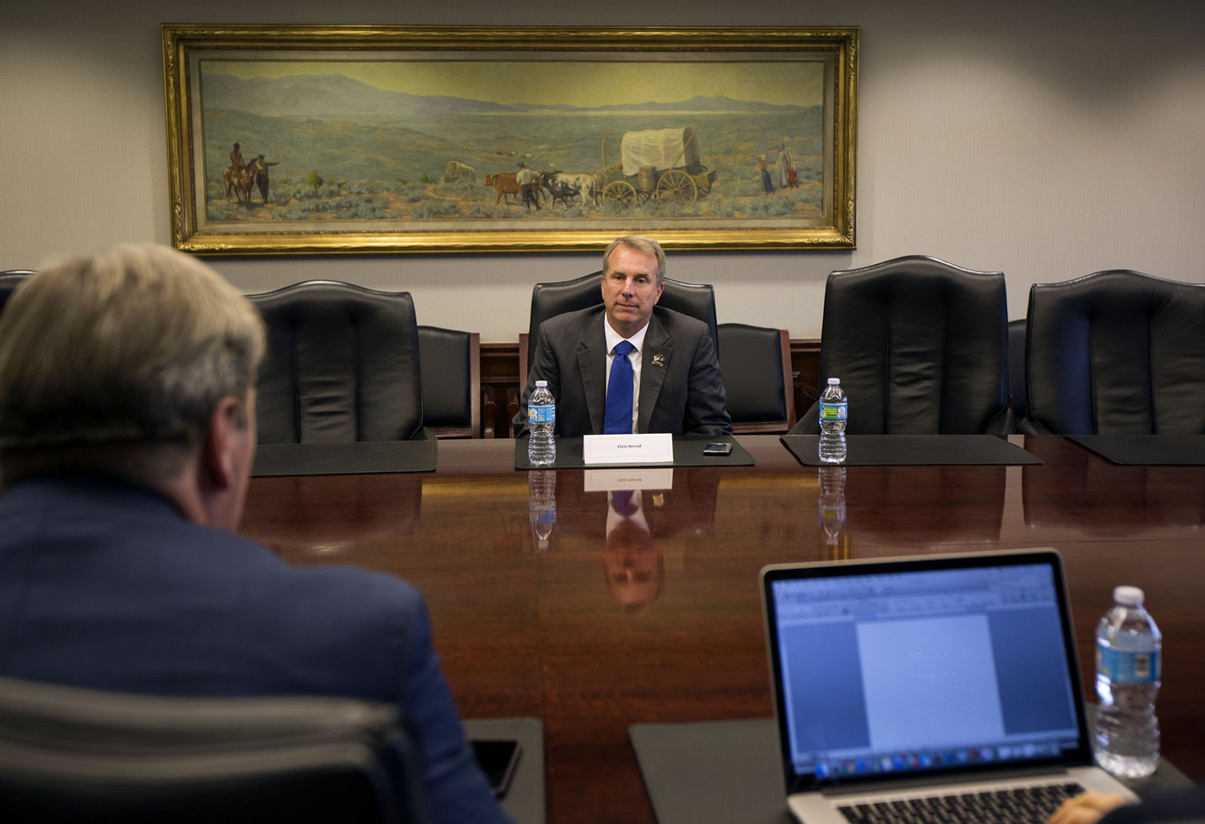 Chris Herrod answers questions about current political issues during a meeting of the Deseret News and KSL editorial boards. (Photo: Kelsey Brunner, Deseret News)