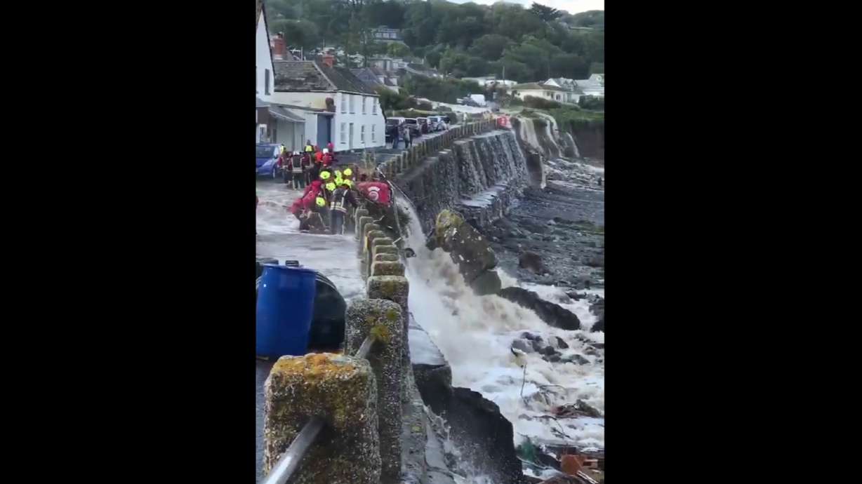 Flash flooding hits UK coastal village in Cornwall