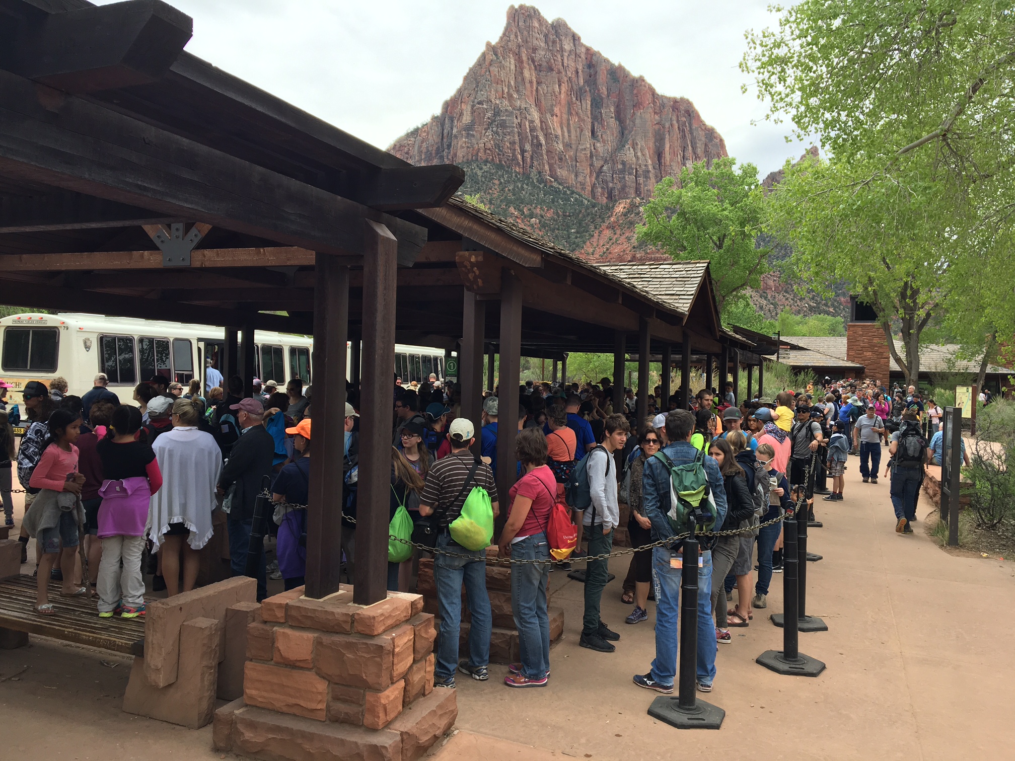 Visitors line up for shuttle access to Zion National Park, Utah, circa 2017. Photo courtesy of Zion National Park, St. George News